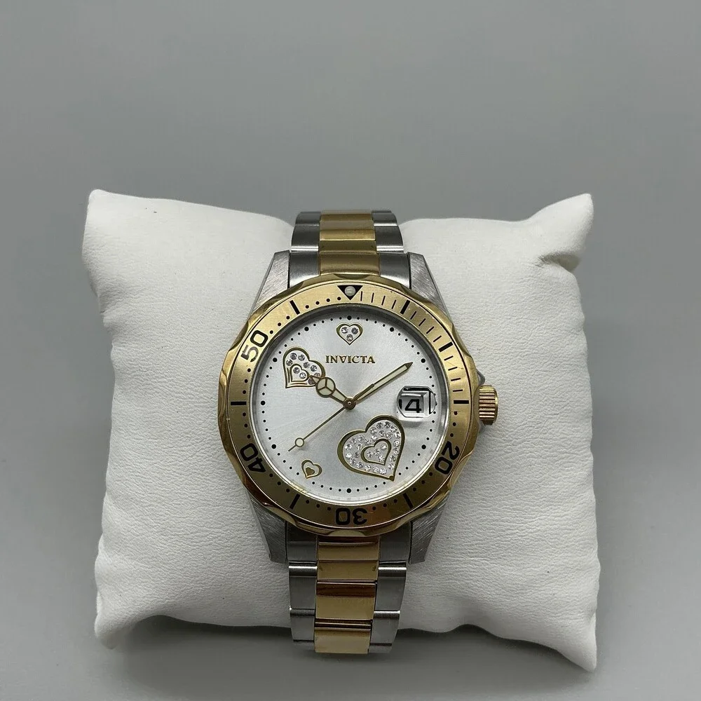 Invicta 12787 Womens Watch 38mm White Heart Dial Two Tone Date New Battery 8
